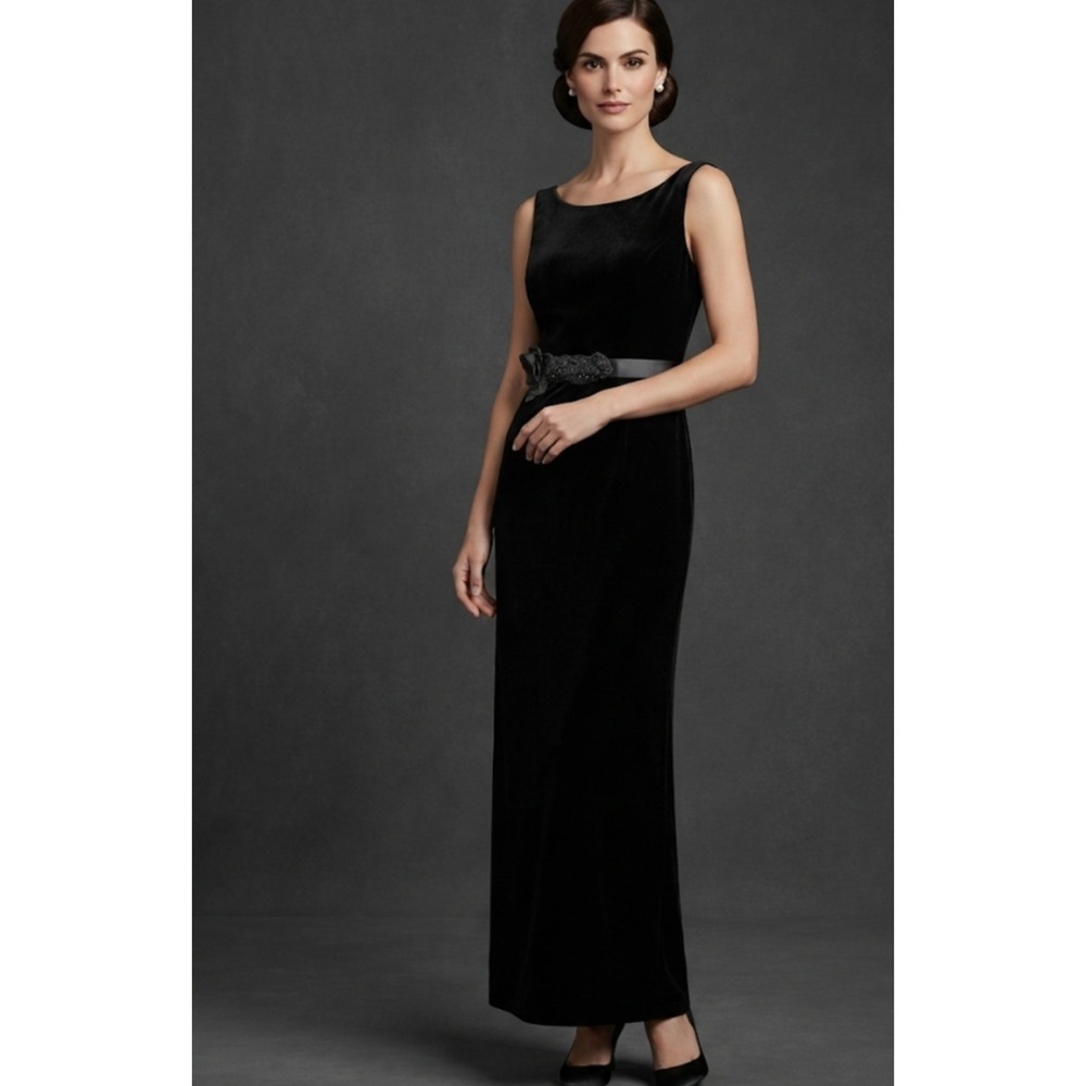 Alfred Angelo Black Velvet Beaded Waist Sleeveless Maxi Dress Gown Size‎ 6